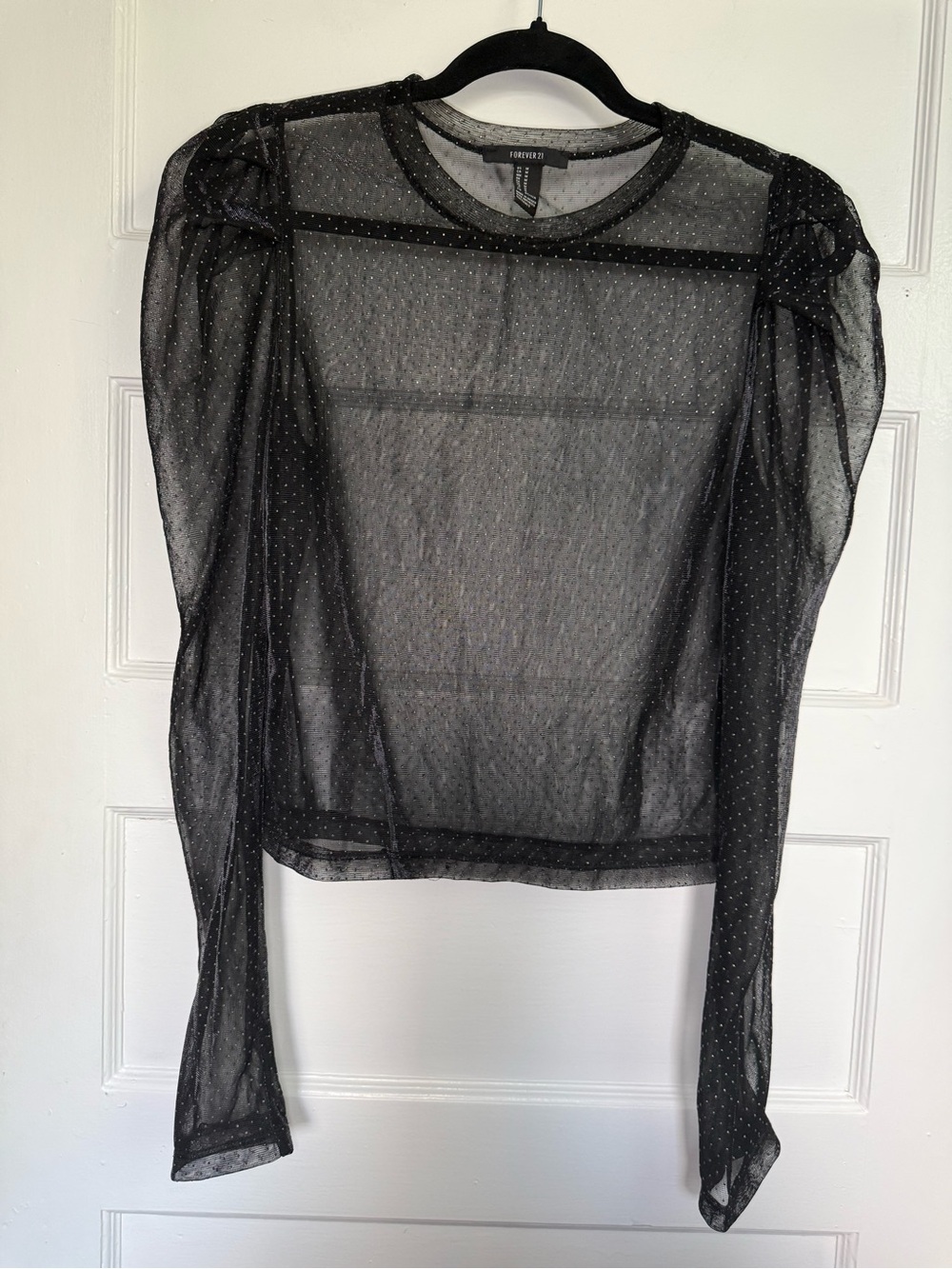 Forever 21 Black Sheer Dot Mesh Long Sleeve Blouse Whimsical Goth Edgy Chic Sz M